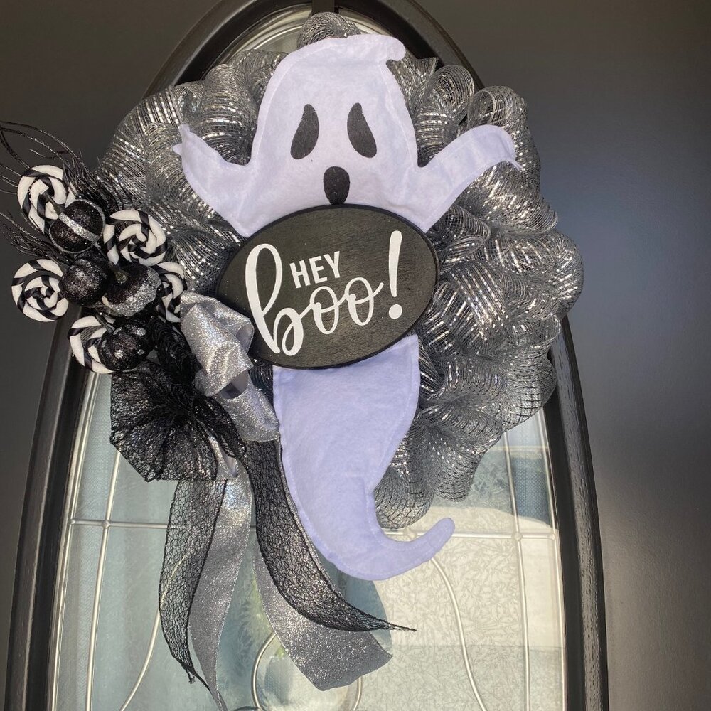 Halloween Ghost Wreath - Deco Mesh, Pumpkins, Swirls, Branches, Boo! Sign